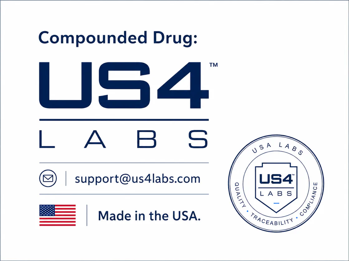 US4 Labs brand contact card with support email and quality traceability compliance seal
